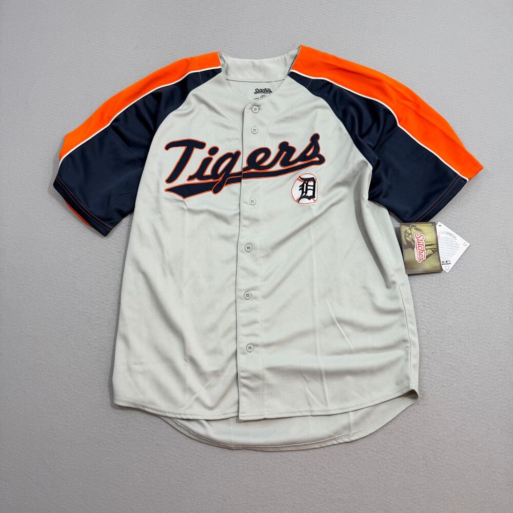 Stitches Detroit Tigers Baseball Jersey Mens Large Gray Blue Orange Baseball NEW